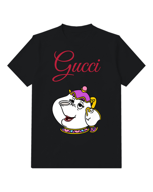 Black Smiling Purple Lid Teapot Graphic T-Shirt - front product view